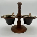 Vintage Brown Drip Glaze Pottery Condiment W/wood Server Stand Spreaders Mcm. Fixed Price $24.99.