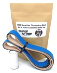 1X30 Assorted Sharpening Belt Kit W/ Super Strop Leather Honing Compound. Fixed Price $29.99.