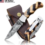 Damascus Pocket Knife For Men Handmade - 6.5 Inches Vulture Double Wood. Fixed Price $39.65.