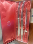 Carvel Hall Kromex 3 Pc Carving Set Stainless Knife Fork Sharpener W/ Case. Fixed Price $40.00.