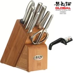 Global Takashi Piece Knife Block Set + 2 Stage Black Sharpener 10PC. Fixed Price $488.06.