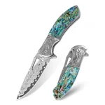 Damascus Pocket Knife With Abalone Shell Handle, Sharp 3.35" VG10 St.... Fixed Price $60.44.
