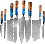 8PC Damascus Kitchen Knife Set; VG10 Japanese Steel; Blue Resin Handles. Fixed Price $259.99.