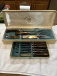Sheffield Vtg Carving Set W/6 Steak Knives Original Custom Presentation Box. Fixed Price $125.00.