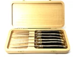 Laguiole Tradition France Set Of Six Handmade Horn & Bee Gold Trim Steak Knives. Fixed Price $395.00.