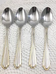 Hampton Silversmiths HSV209 Stainless 4 Oval Soup Spoons Beaded Gold Accent. Fixed Price $20.39.