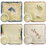 Yimitee 4 Pack Ceramic Dumpling Plate With Dipping Saucer, Medium, Assorted. Fixed Price $49.99.