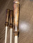 Set Of 3 Ceramic Knife Sharpeners With Wooden Handles, Brown White. Fixed Price $20.00.