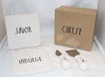 Rae Dunn Boutique Stem Print Cheese Set 2 Plates Knives Savor Indulge Gift Box. Fixed Price $26.99.