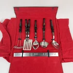 Vintage Cutco 6 Piece Cooking Utensil Set Brown Handles Hanging Rack & Case. Fixed Price $79.99.