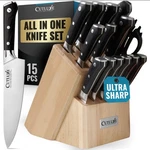 Cutluxe 15-PIECE Knife Set German Stainless Steel Wood Block. Fixed Price $209.99.
