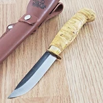 Wood Jewel Scout Knife 3.25" Carbon Steel Blade Curly Birch Handle W/brass Guard. Fixed Price $37.29.