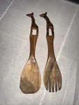 2 Giraffe African Hand Carved Wooden Salad Servers Utensils Fork Spoon. Fixed Price $14.00.