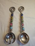 Dary Rees Salad Servers Vintage 1990S Pewter & Colorful Stones. Fixed Price $90.00.