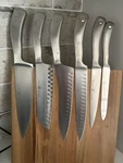 (6) Wusthof Culinar Knives Lot Solingen Germany + Magnetic Wooden Knife Holder. Fixed Price $399.00.