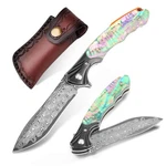 Damascus Pocket Knife For Women Men, 3.54" Sharp Steel Blade Abalone.... Fixed Price $69.09.