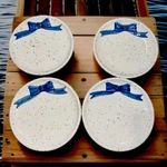 Rare Vtg. Lord And Taylor Signed 3D Blue Bow Speckled Salad Plate Set Of 4. Fixed Price $70.00.