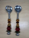 Art Glass Beaded Handle 12" Salad Servers Red Black Animal Ivory Ebony. Fixed Price $12.00.