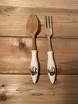 Vintage Salad Serving Set Wood Fork & Spoon W/ Ceramic Handles Strawberry Lemon. Fixed Price $6.75.