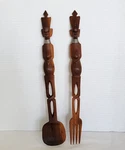 Vintage Hand Carved Wooden Tribal Art Salad Fork & Spoon Serving Set 15". Fixed Price $8.99.