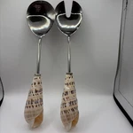 Vintage Coastal Seashell Handle Salad Servers Stainless Steel Spoon & Fork Set. Fixed Price $30.00.