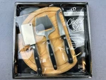Vtg Cheese Serving Set Global Decor Round Wooden Board 3 Cutting Slicing Knives. Fixed Price $20.35.