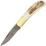 Damascus Stag Bone Drop Point Folding Knife Pocket Folder - DM1168. Fixed Price $45.44.