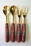 4 Vtg Thirstystone Red Plaid Cocktail Spoons And Forks Set Goldtone Metal. Fixed Price $12.98.