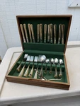 65 Pc Oneida 18/10 Stainless/gold Trimmed Flatware Set Wood Box. Fixed Price $125.00.
