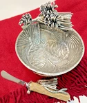 Serving Bowl & Spreader Metal Pinecone W/wood Knife By Mudpie 3-D Nature. Fixed Price $49.95.