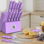 Imarku Knife Set With Block, Sharpener, Stainless Steel Kitchen Purple. Fixed Price $48.99.