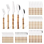 50PCS Silverware For 10, Bamboo Handle Flatware Set, Stainless Steel Cutl.... Fixed Price $82.09.