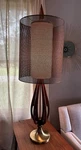 Mid-century Modern Accent Lamp Wood Brass Base Double Cylinder Shade. Fixed Price $1995.00.