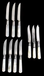 Ten Mother Of Pearl Handled Sterling Band & Silver Plated Blade Fruit Knives. Fixed Price $55.00.