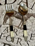 2005 Pottery Barn Black & White Ornamental Salad Server Set India. Fixed Price $22.50.