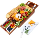 Large Acacia Wood Cheese Board Set Charcuterie W/ Drawers Marble Cutlery. Fixed Price $39.99.