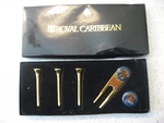 Royal Caribbean Set Of 3 Metal Tees, Green Divot Tool And Ball Marker. Fixed Price $15.00.