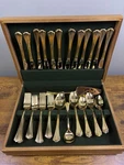 International Silverware Set Gold Tone 60+ Piece With Box Spoon Fork Knife. Fixed Price $90.95.