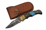 Damascus Steel Manual Folding Knife Genuine Horn & Turquoise Folder DM-1215. Fixed Price $34.88.