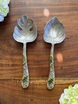 Anthropologie Style Enamel Leaf Serving Set - Metal Utensils Good Condition. Fixed Price $40.00.