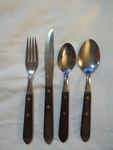 27PC Washington Forge Town & Country Flatware Mcm Wood Brass Handle Restored Set. Fixed Price $117.77.