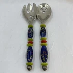 Floral Ceramic Handles Painted Salad Serving Fork Spoon Set. Fixed Price $10.39.