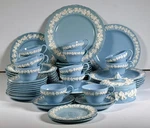 Wedgwood Embossed Queens Ware Blue Tea Set Cups Plates Trinket Box England. Fixed Price $599.00.