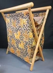 Vintage Folding Knitting Or Sewing Caddy Basket Wood Frame Cotton Lions Tigers. Fixed Price $36.00.