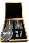 Whiskey And Set, Glasses, 8 Reusable Stones, Wood BOX/B32. Fixed Price $12.95.