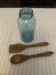 Ball Blue Quart Mason Jar Wooden Slotted Spoon And Spatula Set Vintage Kitchen. Fixed Price $19.00.