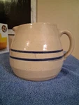 Stoneware Crock Pottery Pitcher Cream Body Double Cobalt Blue Bands Marshall. Fixed Price $18.50.