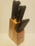 Ginsu 9-PIECE Stainless Cutlery Knife Set With Block Open W/ Shears Black Handle. Fixed Price $49.99.