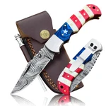 Damascus Steel Pocket Knife W/ Clip & Leather Sheath - Edc Outdoor Camping Hunti. Fixed Price $56.01.