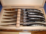 Set 6 Jean Dubost Laguiole Steak Knives Horn Handle, Wooden Case, From France. Fixed Price $399.95.